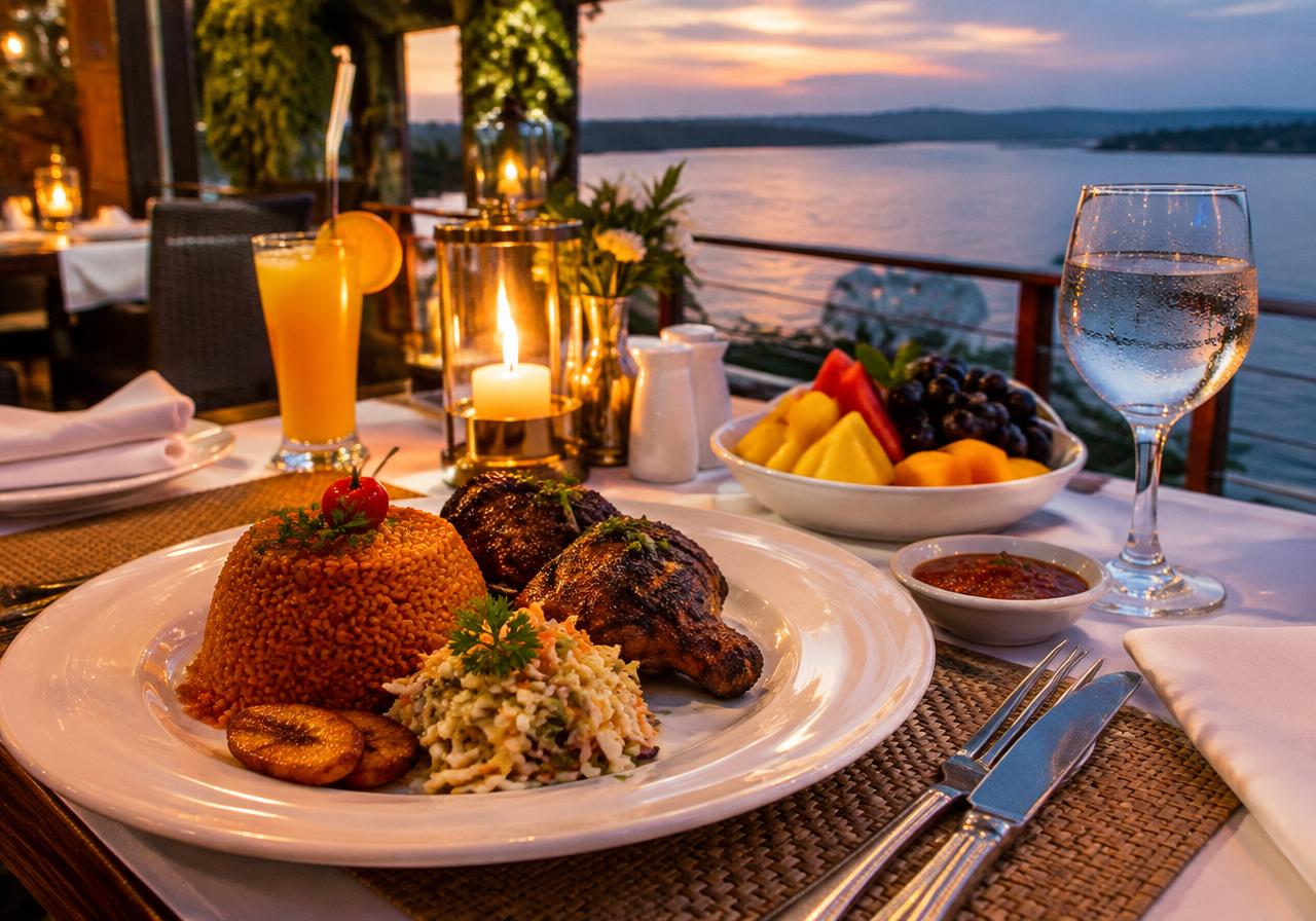 Jollof and grilled guinea fowl on the lakeside terrace